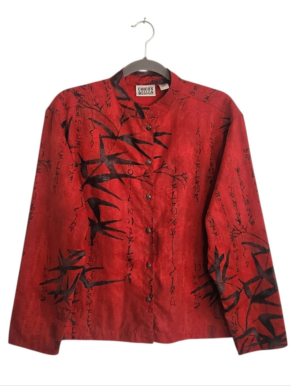 Chico's Red and Black Bamboo Asian Print Shacket Size 2 Large